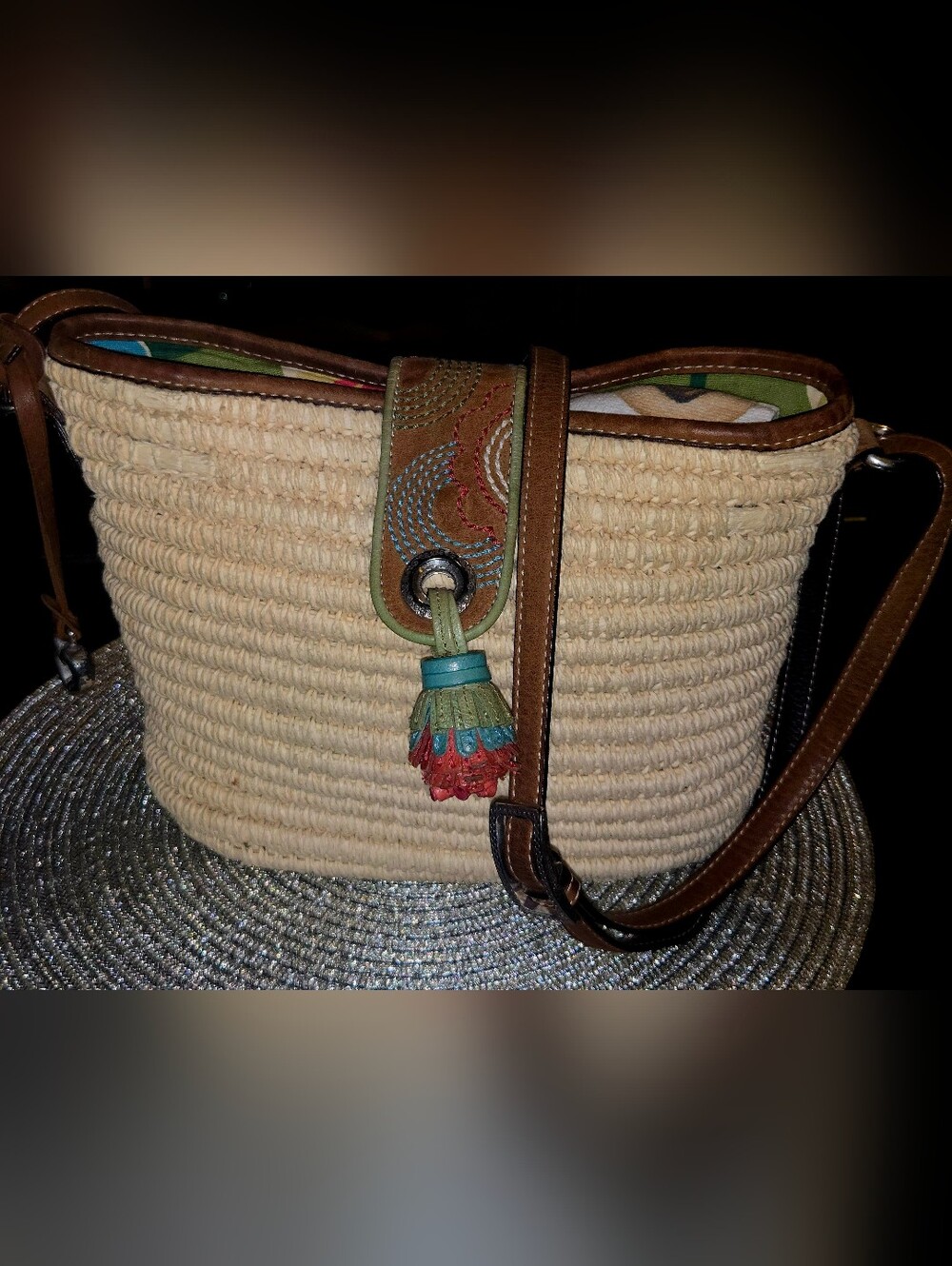 Brighton Straw Raffia Bucket Bag Leather Details Tassel Crossbody Shoulder Bag